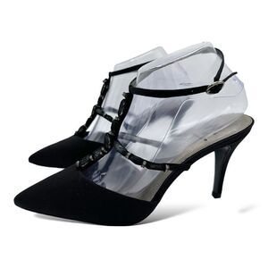 M. By Marinelli Black Satin Sparkly Jeweled T-Strap Stiletto Evening Sandal 8.5M